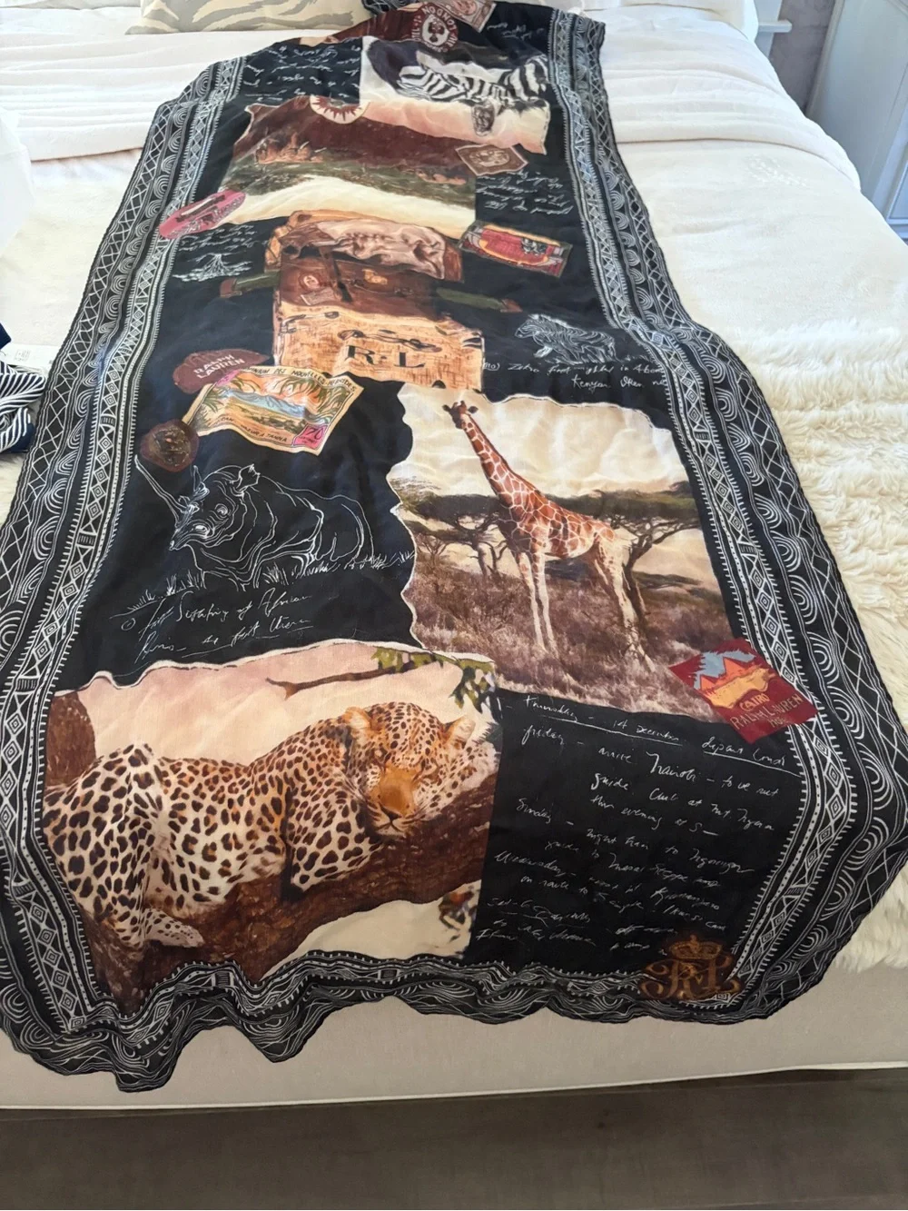 Vintage Ralph Lauren collection safari long scarf shawl zebra postcards